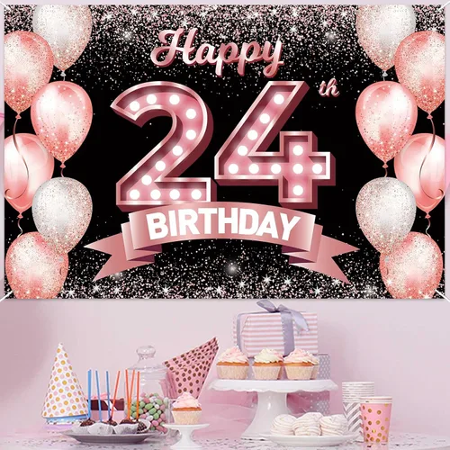 Vista 203 de Cartel de feliz cumpleaños décimo oro rosa, telón de fondo, saludos a 10 años, globos de confeti, decoración temática para niñas de 10 años