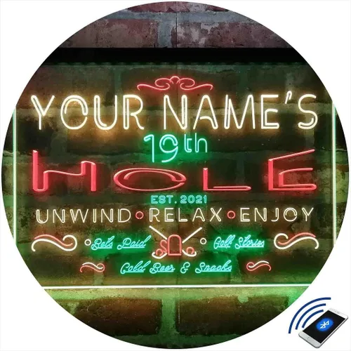 Vista 3 de Personalized 19th Hole Golf Club Tri-Color LED Neon Light Sign Customize Name Date Text Quote Font Green & Red & Yellow 13 x 8.7 Inches