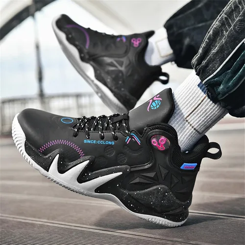 Vista 6 de DAYUMKOU Tenis de baloncesto para correr para hombre con parte superior alta, antideslizantes, para exteriores, acolchados, zapatos de entrenamiento
