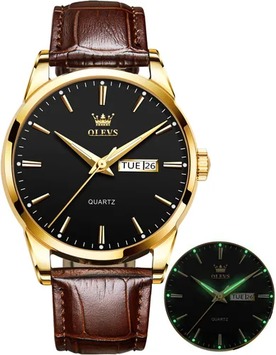 Vista 8 de OLEVS Relojes para hombres de cuero marrón caja dorada analógico cuarzo moda negocios vestido reloj día fecha luminoso impermeable casual masculino