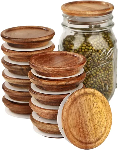Vista 18 de Paquete de 6 tapas para frascos Mason de boca regular, tapas reutilizables para enlatado, tapas para frascos Mason de madera de acacia con sello
