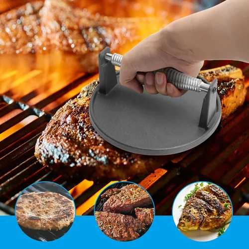 Vista 2 de SafBbcue Prensa de hamburguesa de hierro fundido redonda de 7 pulgadas y 8.2 x 4.3 pulgadas, rectangular de hierro fundido resistente con mango
