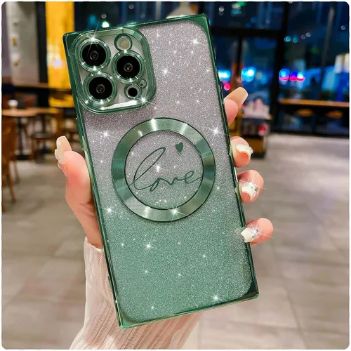 Vista 8 de Funda magnética con purpurina para iPhone 13 Pro Max, funda transparente con diseño de corazón de amor, compatible con MagSafe para mujeres y niñas