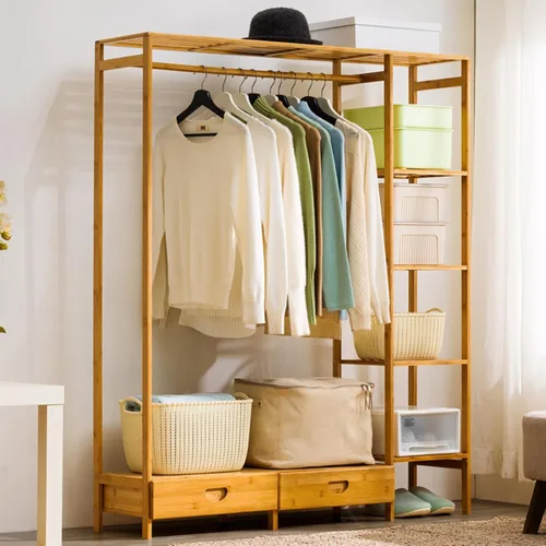 Vista 8 de Multifunctional Bamboo Clothes Rail Stand with Hanging Rod,Sturdy Freestanding Coat,Garment Rack,Open Wardrobe for Bedroom Hallway,Clothing Hanger