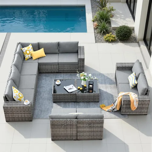 Vista 14 de Juego de muebles de patio de 6 piezas, sofá modular de mimbre para exteriores con mesa auxiliar, cómodos cojines, moderno sofá modular de ratán