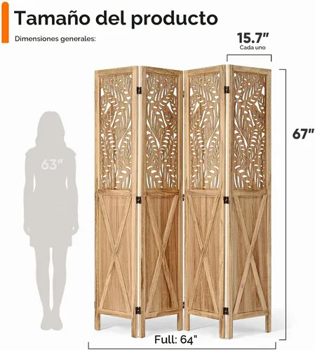 Vista 2 de JOSTYLE Divisor de habitación bohemio con tallado de hojas, pantalla de madera calada de 4 paneles, partición plegable decorativa para dormitorio