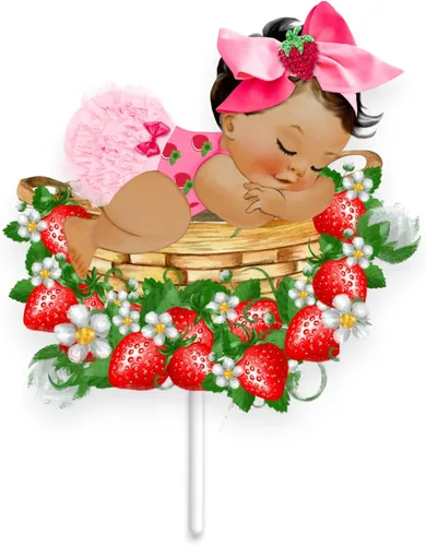Vista 5 de Decoración de mesa de fiesta de baby shower de fresa durmiendo (juego de 3 centros de mesa de doble cara, afroamericano)
