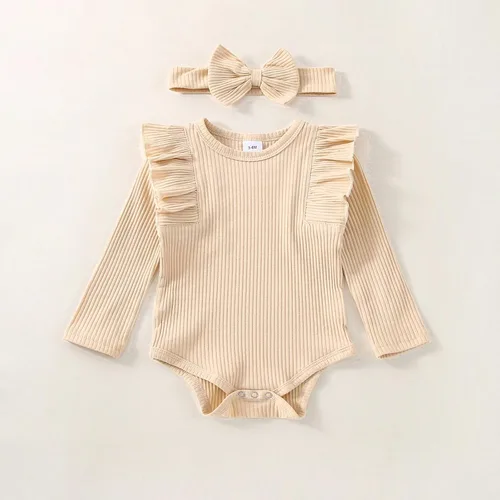 Vista 4 de Ropa de bebé para niña recién nacida, conjunto de trajes de otoño e invierno, mameluco de manga larga con volantes acanalados, juego de 3 piezas