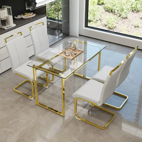 Vista 30 de Juego de mesa de comedor de cristal moderno para 4, juego de mesa de cocina rectangular, juego de mesa de comedor de 5 piezas con 1 mesa de vidrio
