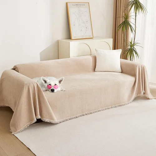 Vista 8 de MYSKY HOME - Funda extragrande para sillón de 1 cojín, lavable, protector de sofá con borlas, para mascotas y niños, 71 x 91 pulgadas, color beige