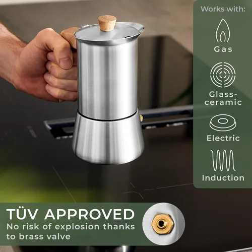 Vista 2 de WALDWERK Cafetera Moka de Acero Inoxidable (10 oz) - Cafetera Moka Libre de Tóxicos con Mango de Madera de Roble - Cafetera de Estufa para Espresso