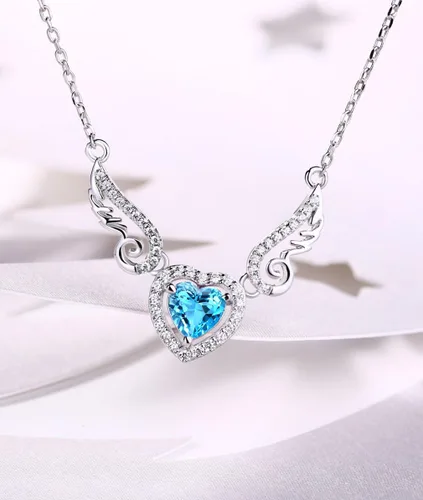 Vista 4 de Fine Jewelry - Collar con colgante de plata de ley 925, piedra preciosa natural, topacio azul suizo, amatista, peridoto, amor, corazón, alas de ángel