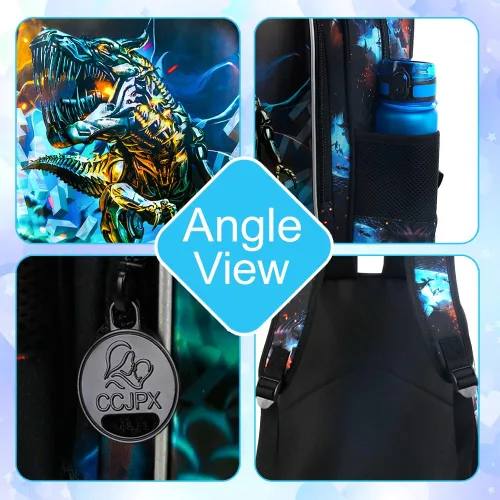Vista 6 de CCJPX Mochila de 3 piezas para niños, de 16 pulgadas, dinosaurio, preescolar, primaria, guardería, escuela, mochilas y lonchera, Negro Azul