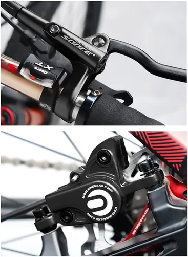 Vista 7 de Cyclon Juego de Frenos de Disco Hidráulicos MTB, Frenos Hidráulicos de Aleación de Aluminio Negro/Rojo para Bicicleta de Montaña, Freno Hidráulico