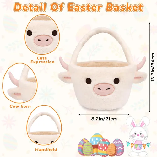 Vista 3 de Cesta de Pascua - Cestas de felpa de vaca blanca de Pascua para niños, suaves y vacías para caza de huevos con asa, lindas decoraciones de dulces