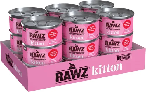 Vista 3 de Rawz Alimento húmedo natural en paté enlatado para gatitos, hecho con ingredientes de carne reales, sin BPA ni encías, latas de 2.8 onzas