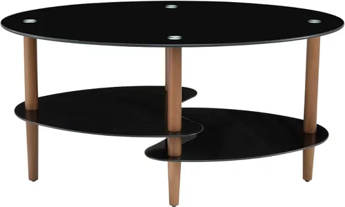 Vista 7 de Mesa de centro de cristal negro, mesa moderna ovalada para sala de estar con almacenamiento, patas de madera de roble, mesa central de vidrio