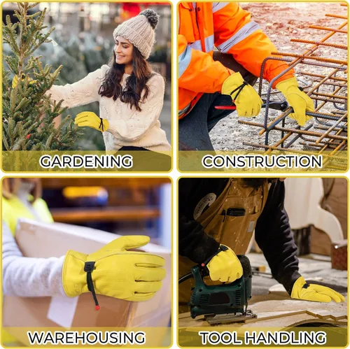 Vista 2 de HANDLANDY Guantes de trabajo de invierno para hombres y mujeres, repelentes al agua, guantes de trabajo de cuero genuino aislados para clima frío