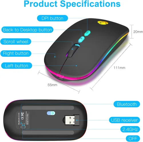 Vista 8 de CC Store Ratón Bluetooth inalámbrico LED y conexión instantánea de 2.4 GHz, recargable ultra silencioso, delgado, 3 DPI ajustables, 2 modos