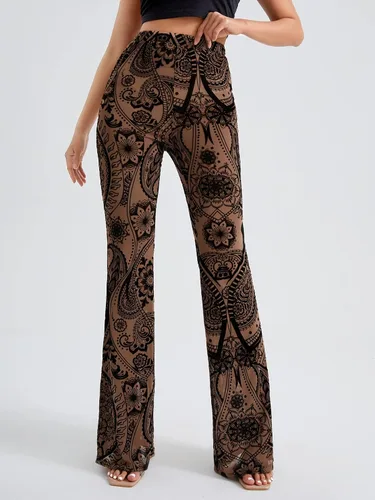 Vista 4 de OYOANGLE Pantalones de yoga de cintura alta para mujer, con estampado floral, pierna ancha