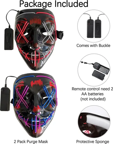 Vista 3 de Paquete de 2 máscaras de La Purga de Halloween con luz LED para adultos, disfraces y fiestas (azul rosa, azul y morado)