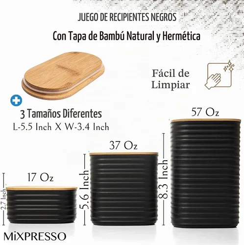 Vista 2 de Mixpresso Juego de recipientes negros para la cocina – Juego de recipientes herméticos de plástico para azúcar de 3 piezas con tapas de bambú