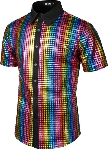 Vista 2 de JOGAL Men's 70s Costume Rainbow Sequins Disco Party Dress Short Sleeve Button Down Shirts