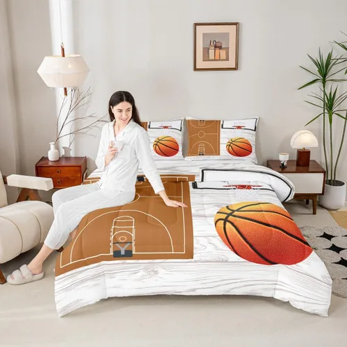 Vista 23 de Homewish Juego de edredón de juegos deportivos de pelota, tamaño twin, juego de ropa de cama de béisbol y baloncesto, 2 piezas para niños