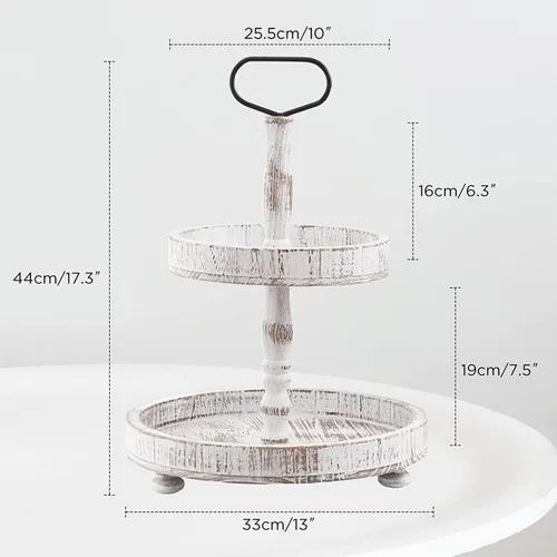 Vista 7 de Soporte de bandeja de madera de dos niveles, bandeja decorativa redonda de madera de 2 niveles con mango de metal para el hogar, cocina, decoración