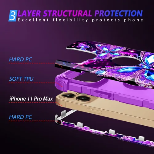 Vista 4 de Miqala Funda para iPhone 11 Pro Max, que brilla en la oscuridad, tres capas, resistente, a prueba de golpes, protección de cuerpo completo