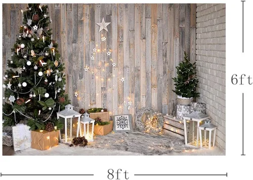 Vista 2 de MEHOFOND Árbol de Navidad de invierno de 8 x 6 pies, fondos de pared de madera marrón rústica, estrellas, regalos, corona, fotografía, fondo, feliz