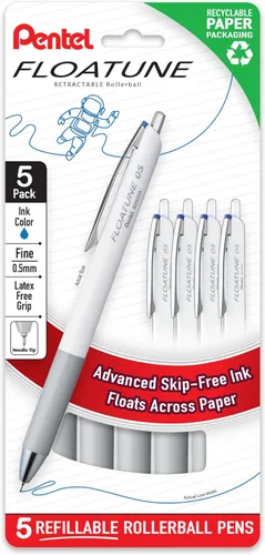 Vista 3 de Pentel Floatune - Bolígrafo retráctil, punta fina de 0.020 in, tinta negra, paquete de 5 (BZN205PF5A)