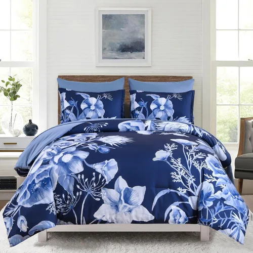 Vista 12 de Luxudecor Juego de edredón floral tamaño individual de 7 piezas, cama de flores aguamarina en una bolsa, elegante edredón floral degradado con juego