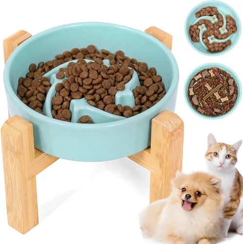 Vista 8 de Cuenco de cerámica para perros de raza pequeña, cuenco de alimentación lenta para perros con soporte de bambú, diseño de laberinto de rompecabezas