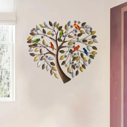 Vista 3 de Xnchhou Escultura de pared hecha a mano, ramas de pájaros, flores en forma de corazón, árbol genealógico, pared, arte de metal, árbol de la vida