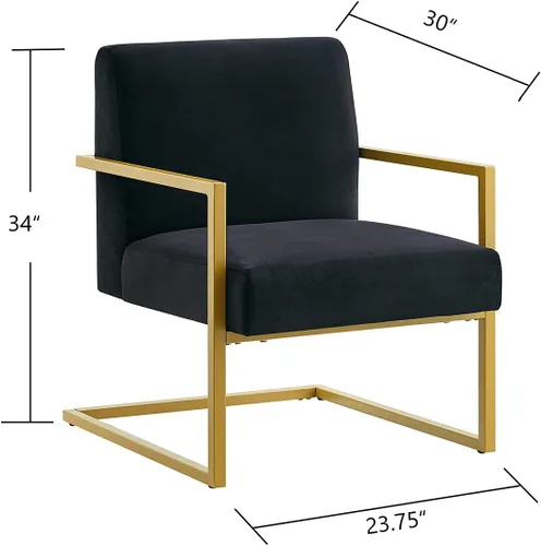 Vista 2 de 24KF Cómoda silla de acento de moda, cojín de terciopelo y soporte dorado de metal con brazo cuadrado, color negro