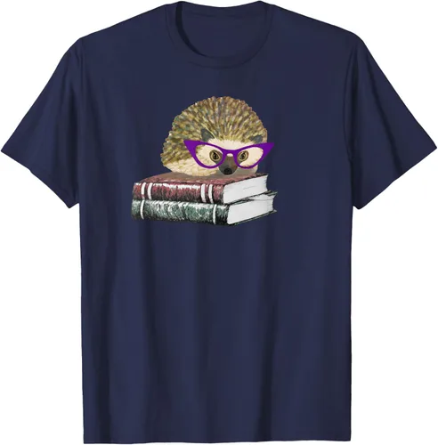 Vista 8 de Adorable erizo libro NERD playera de manga corta, Marino Negro