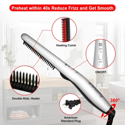 Vista 2 de Peine alisador de barba para hombres,Peine caliente para el cabello,Estilizador de cepillo de barba calentado eléctrico rápido,Viaje portátil