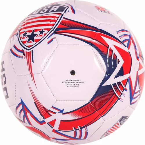 Vista 4 de Balón de fútbol americano CLASICO – Tamaño 5, balón de partido con base blanca limpia y colores rojo y azul de EE. UU., incluye bomba y aguja