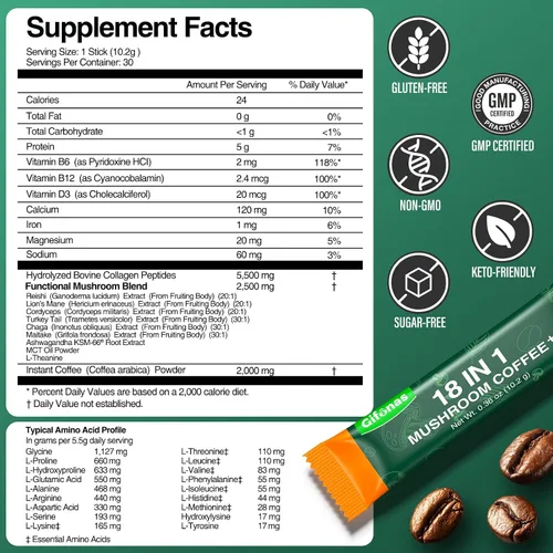 Vista 6 de Café de hongos con colágeno, vitaminas y minerales, 6 hongos adaptogénicos, melena de león, reishi, chaga y más, café instantáneo orgánico