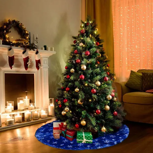 Vista 7 de Atiming Falda de árbol de Navidad azul de felpa de 30 pulgadas, falda de árbol de Navidad de piel azul oscuro con lentejuelas plateadas, copo