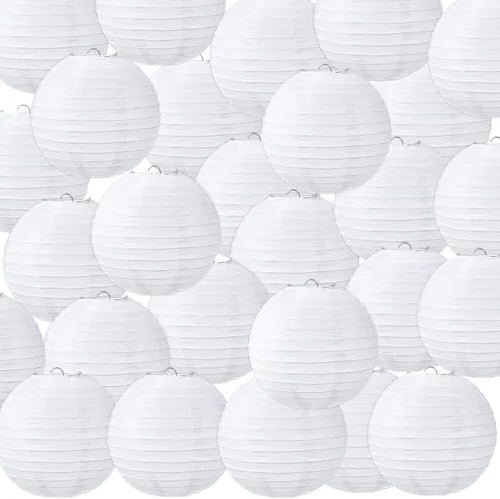 Vista 13 de Treela Faroles de papel japoneses chinos blancos decorativos colgantes redondos de papel para decoración de bodas, fiestas de cumpleaños