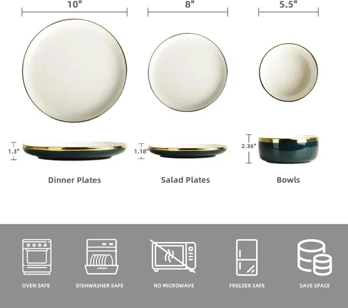 Vista 2 de Pokini Juego de vajilla de porcelana, juego de 12 platos y cuencos de porcelana de lujo, juego de platos verdes con borde dorado para boda