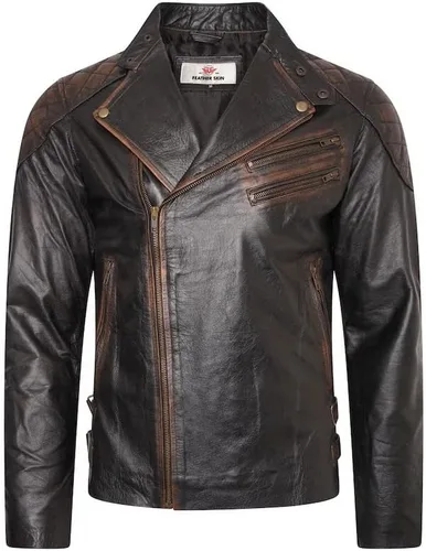 Vista 2 de Chaqueta de cuero de motocicleta negra y marrón con relieve de calavera para hombre