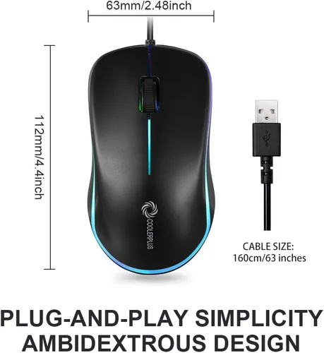Vista 6 de COOLERPLUS FC112 - Mouse óptico USB con cable para computadora con fácil clic para oficina y hogar, 1000 DPI, premium y portátil, compatible con PC