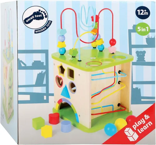Vista 3 de Small Foot 10605 Cubo motorico de madera con cinco lados de diversión, incl. bucles motoric y pista de bolas, multi