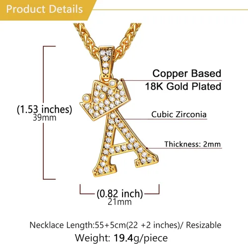Vista 6 de U7 Collar con inicial de la A a la Z, dije de letra helada con cadena de 22 a 24 pulgadas, para hombres y mujeres, con nombre del alfabeto de hip