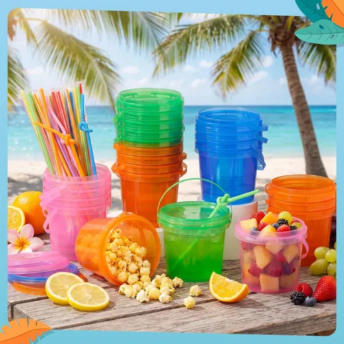 Vista 4 de Funnymoom Paquete de 36 cubos de plástico para ron para bebidas con pajita, cubeta de cóctel para helado, con tapas y asas, recipientes de alimentos