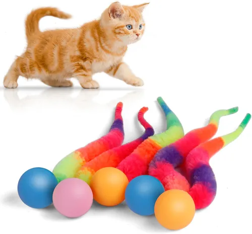 Vista 10 de SHENGSEN Pelota que Rebota con Cola Juguetes para Gatos-5 Paquetes, Gusano Mágico con Juguete de Pelota Grande y Colorida para Gatos, Pelotas que