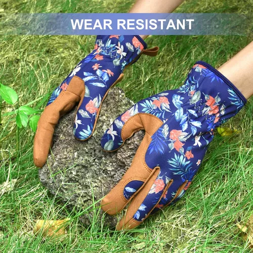 Vista 2 de Guantes de jardinería para mujeres, guantes de cuero para trabajo en jardín, a prueba de espinas, sin perforación, para cavar, plantar y podar